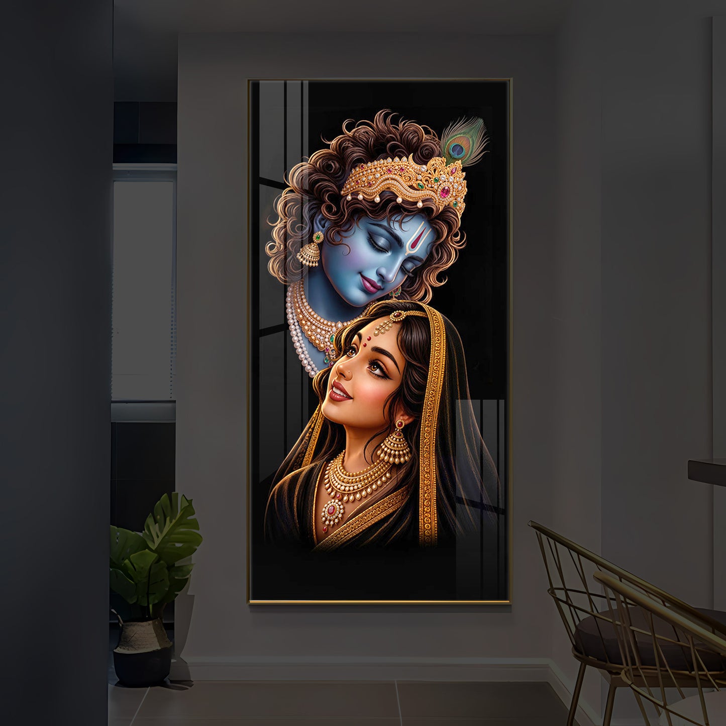 Hindu Deities Shri Radha Krishna Modern Luxury Backlight Vertical Wall Art