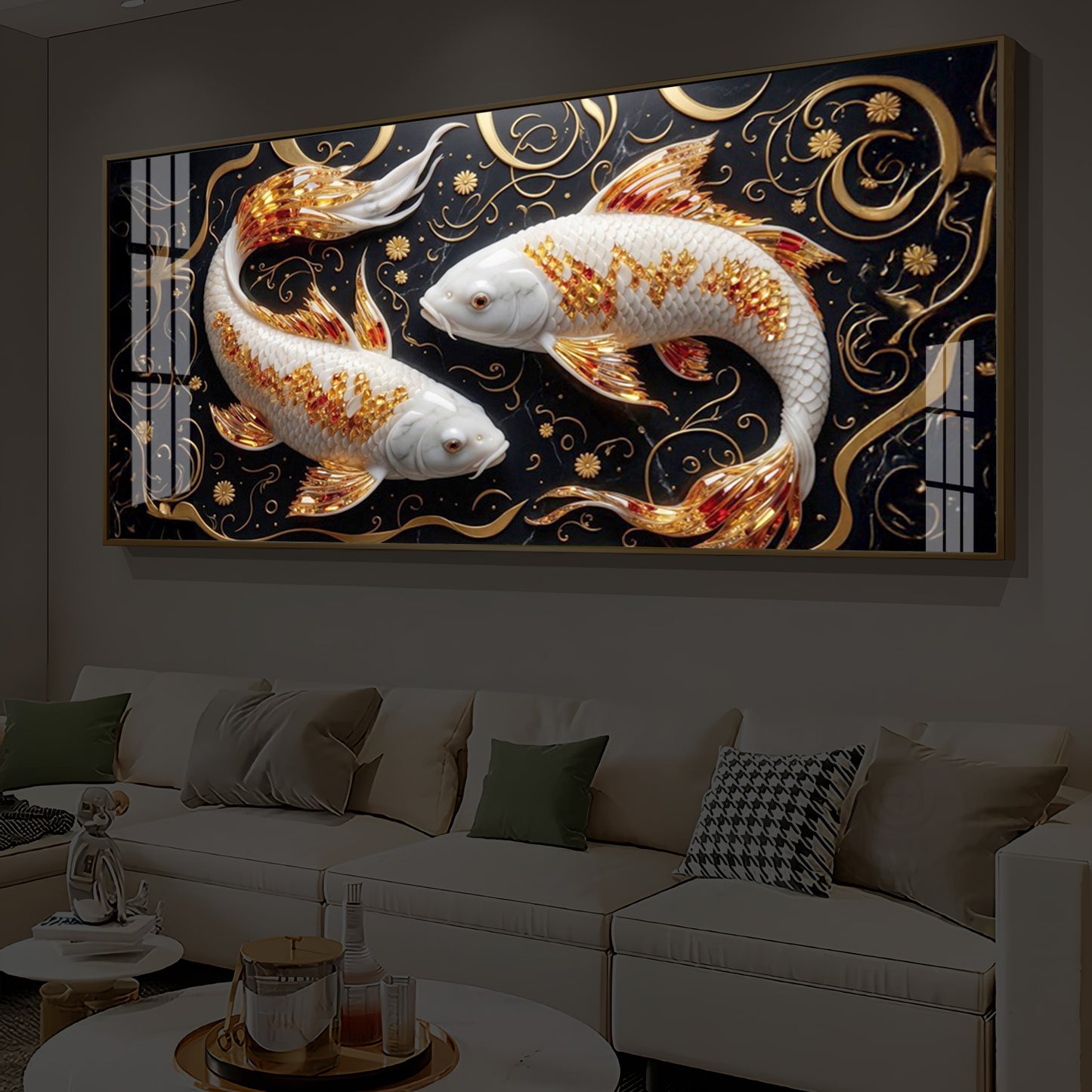 Two Golden Koi Fish Modern Luxury Backlight Horizontal Wall Art