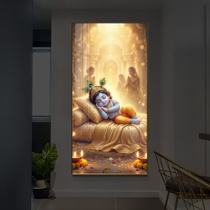 Sleeping Little Krishna Ji Modern Luxury Backlight Vertical Wall Art