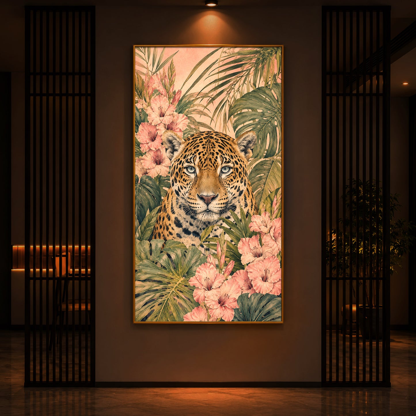 Tropical Jaguar & Flora Modern Luxury Backlight Vertical Wall Art