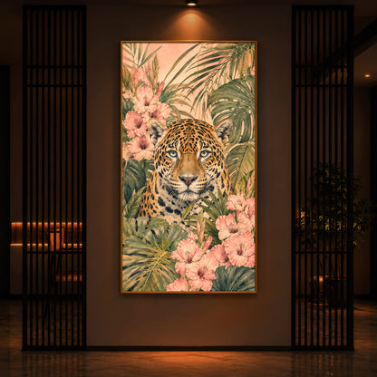 Tropical Jaguar & Flora Modern Luxury Backlight Vertical Wall Art