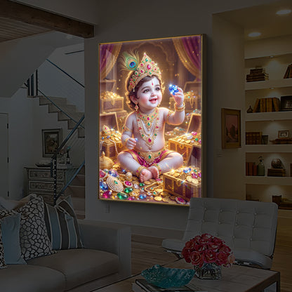 Little Lord Krishna Ji Modern Luxury Backlight Vertical Wall Art