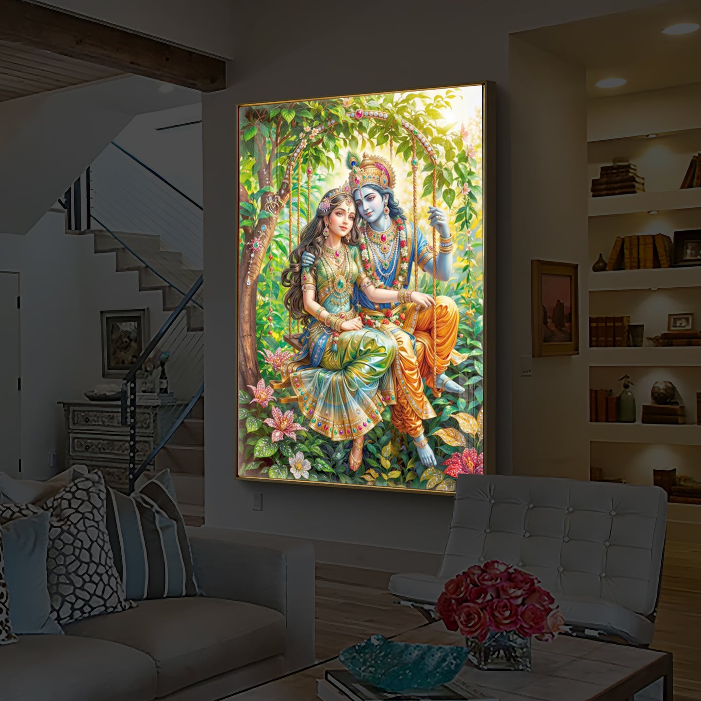 Radha Krishna Modern Luxury Backlight Vertical Wall Art
