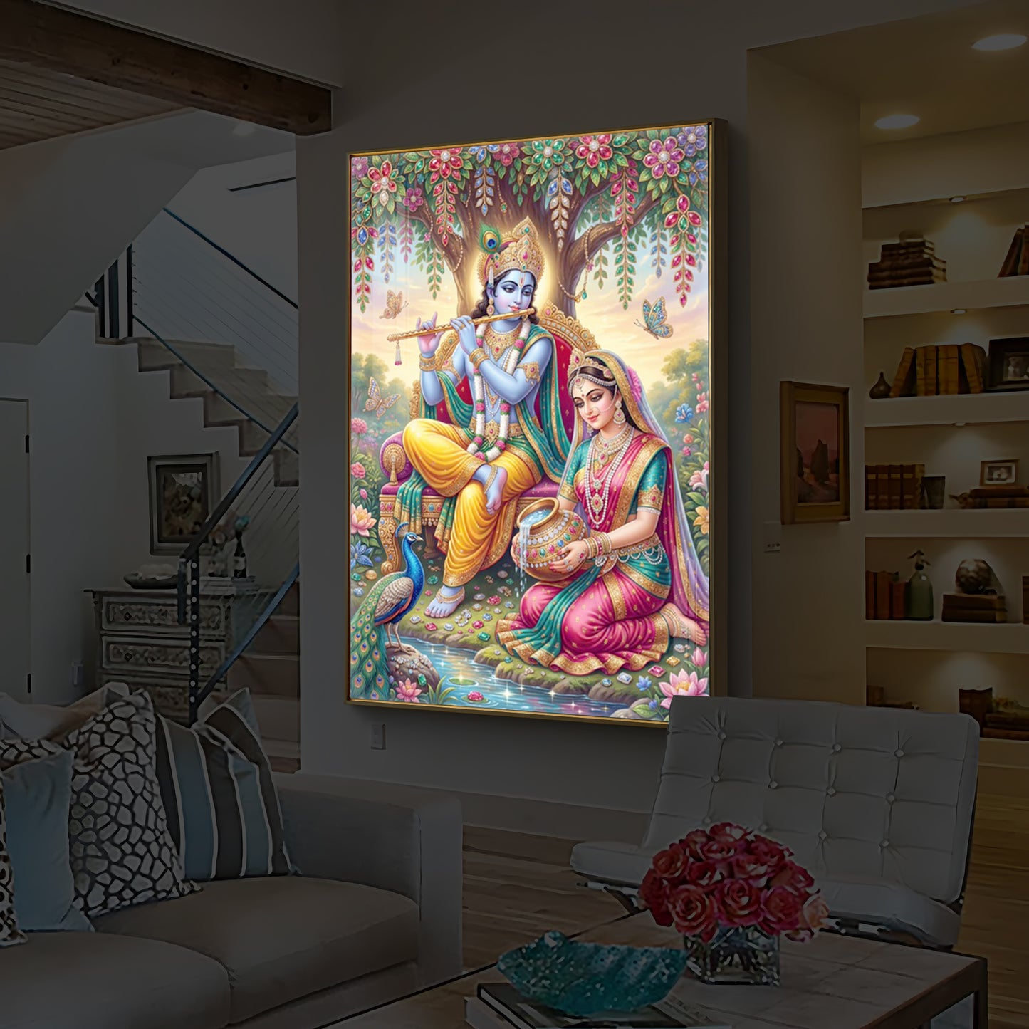 Krishna’s Flute with Radha’s Devotion Modern Luxury Backlight Vertical Wall Art