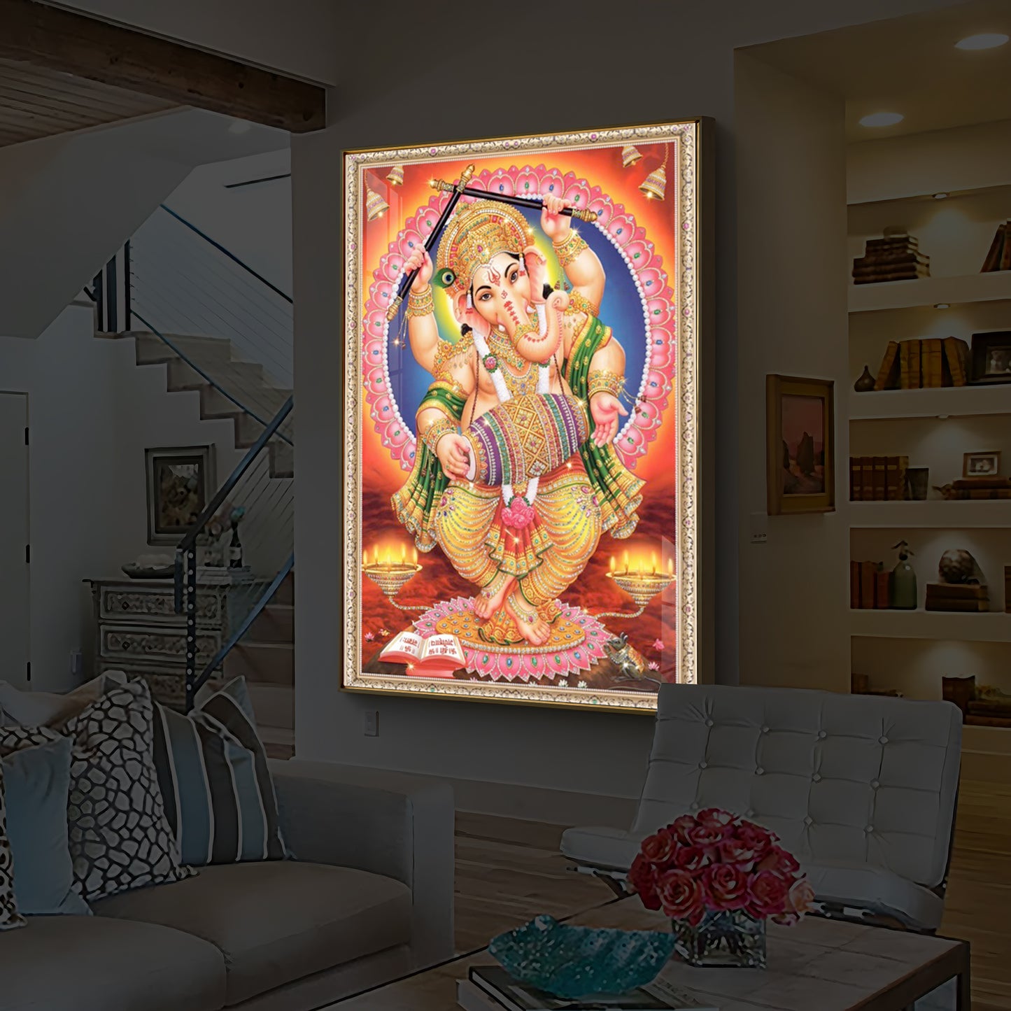 Hindu Bhagwan Ganesh Ji Modern Luxury Backlight Vertical Wall Art