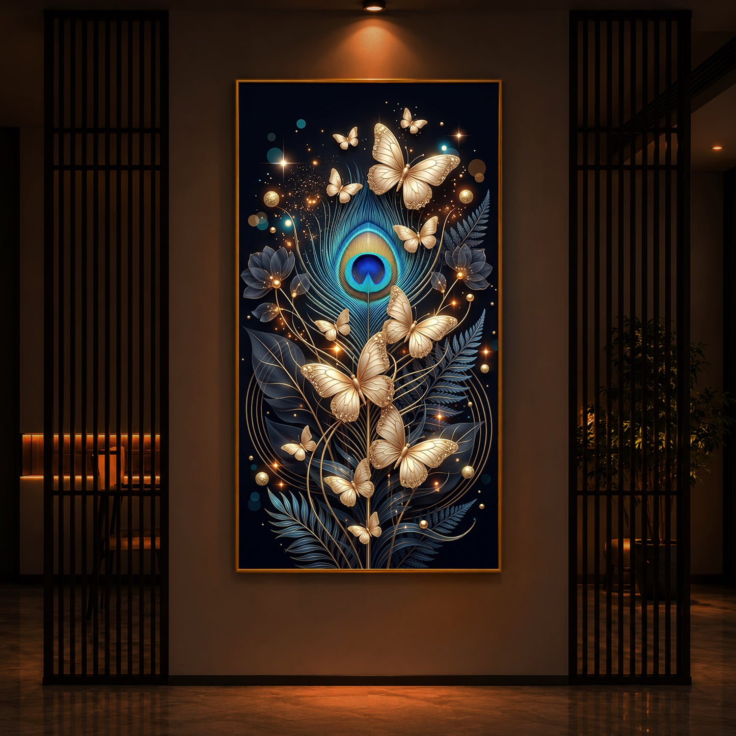 Golden Butterflies & Peacock Feather Modern Luxury Backlight Vertical Wall Art