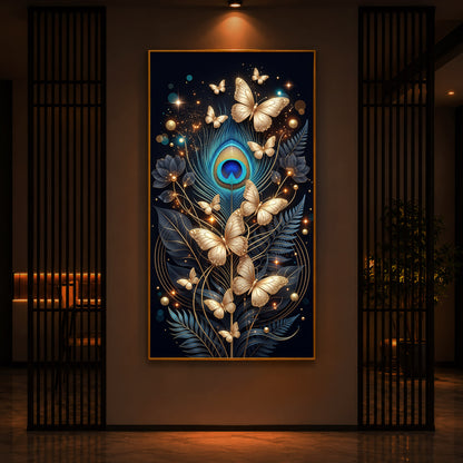 Golden Butterflies & Peacock Feather Modern Luxury Backlight Vertical Wall Art