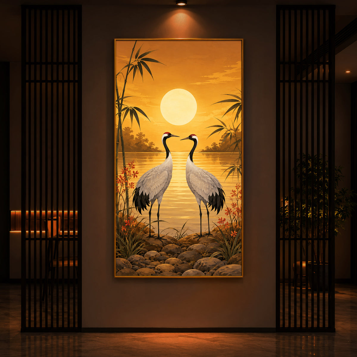 Sunset Crane Pair Modern Luxury Backlight Vertical Wall Art