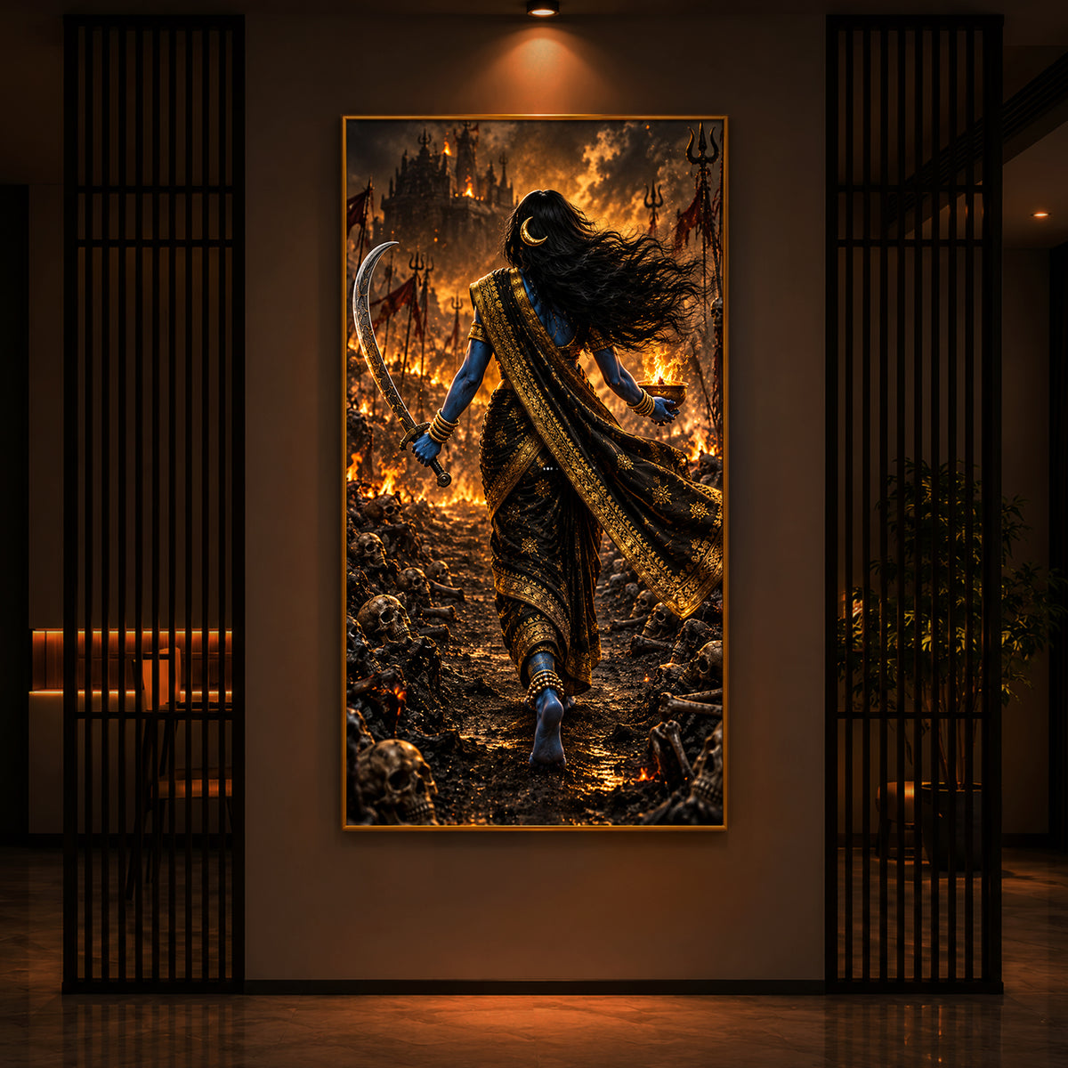 Maa Kalaratri Bhadrakali Modern Luxury Backlight Vertical Wall Art