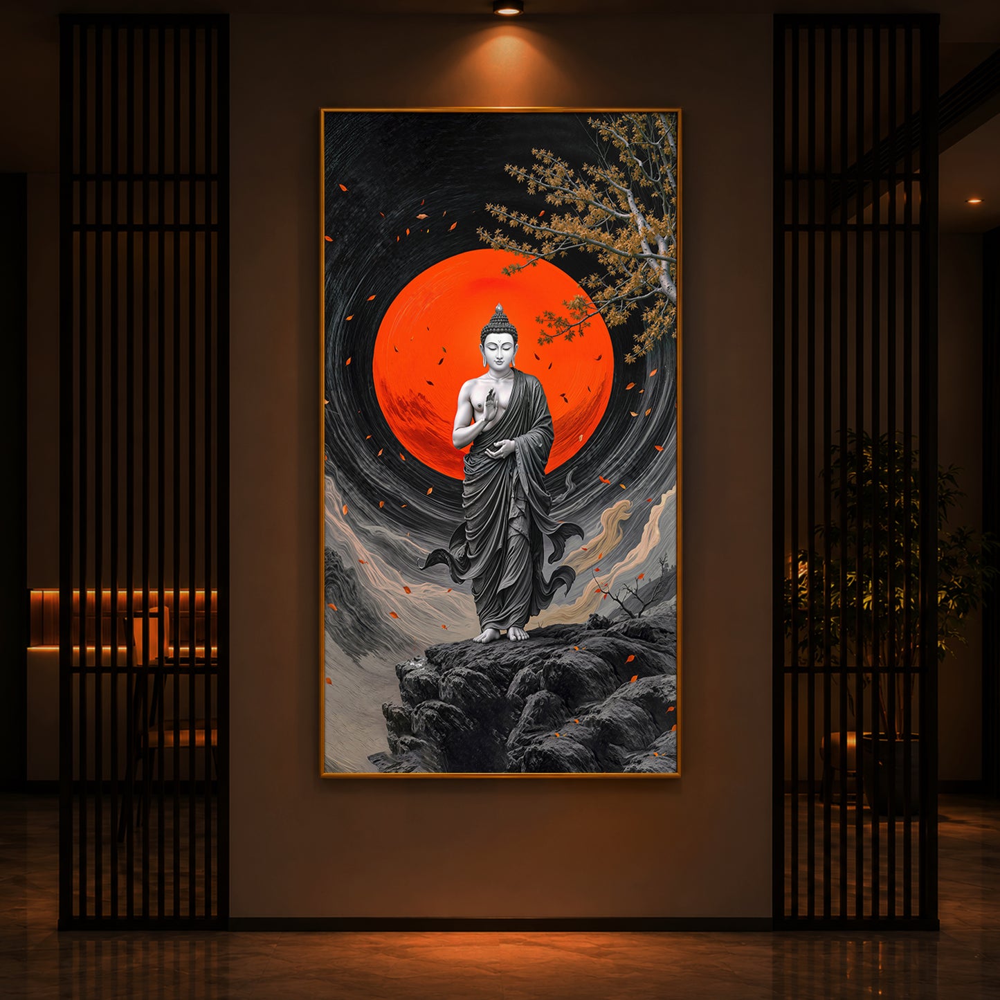 Namo Buddhay Modern Luxury Backlight Vertical Wall Art