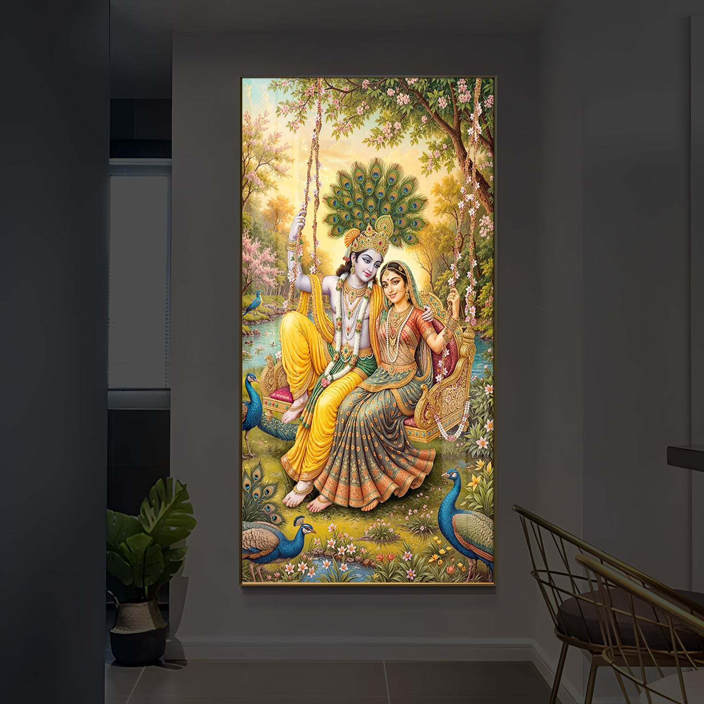 Jai Shri Radha Krishna Modern Luxury Backlight Vertical Wall Art