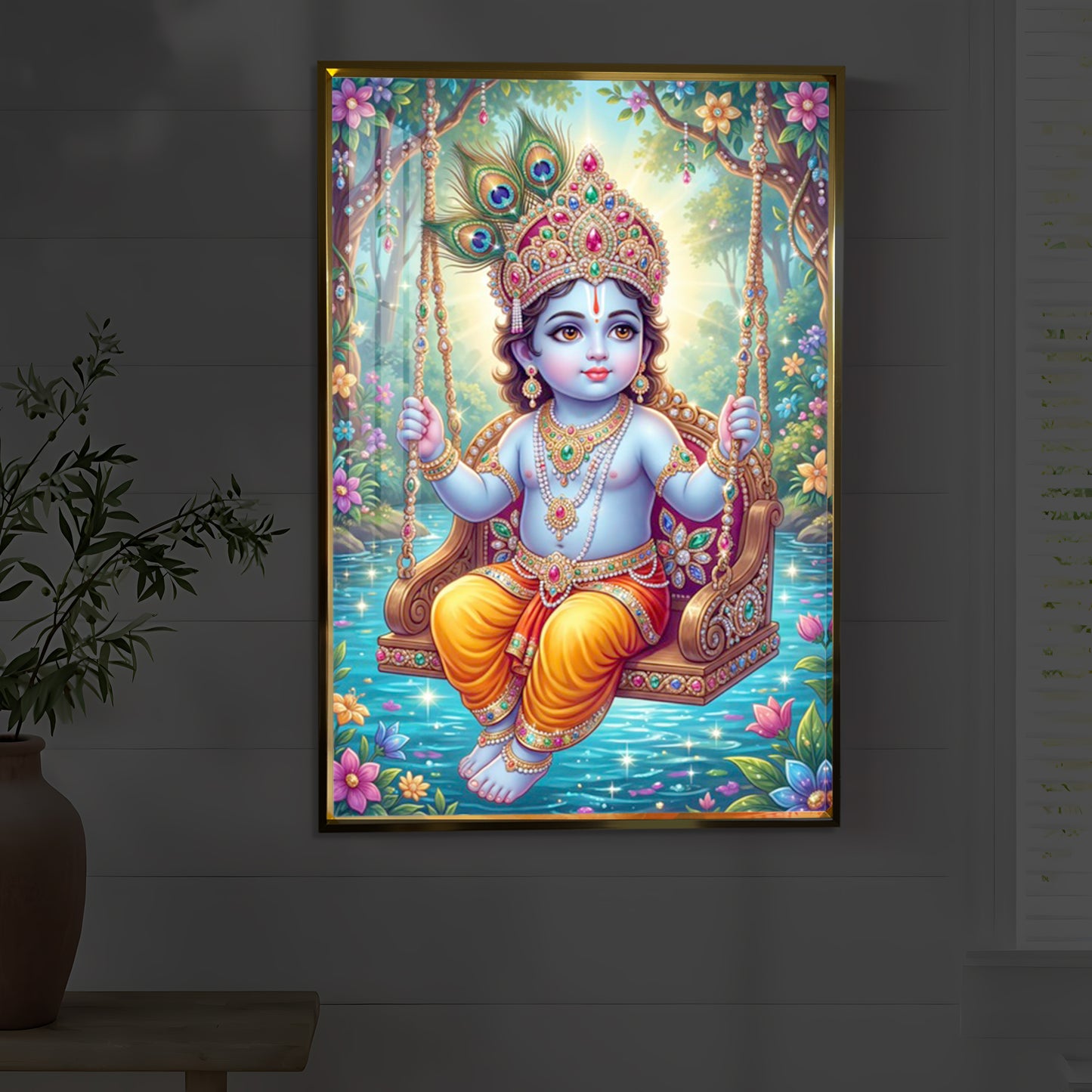 Divine Lord Krishna Modern Luxury Backlight Vertical Wall Art