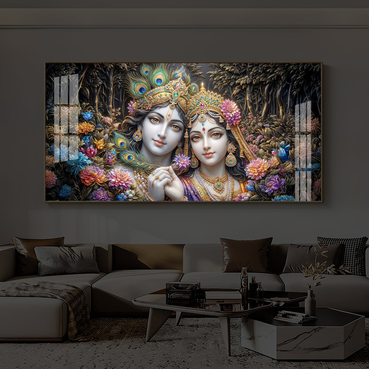 Spiritual Serenity Radha Krishna Modern Luxury Backlight Horizontal Wall Art