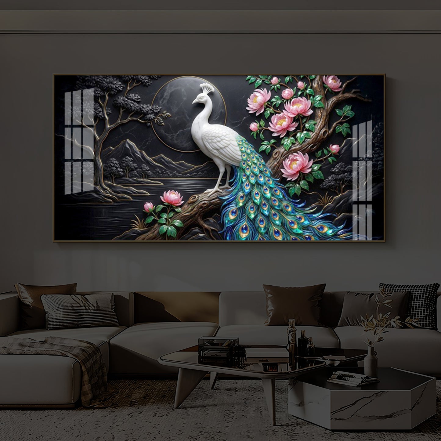 White Peacock With Flowers Modern Luxury Backlight Horizontal Wall Art