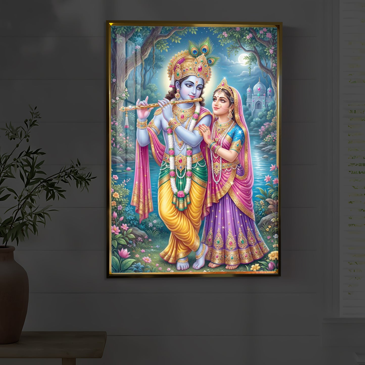 Hindu Deities Radha and Krishna Modern Luxury Backlight Vertical Wall Art