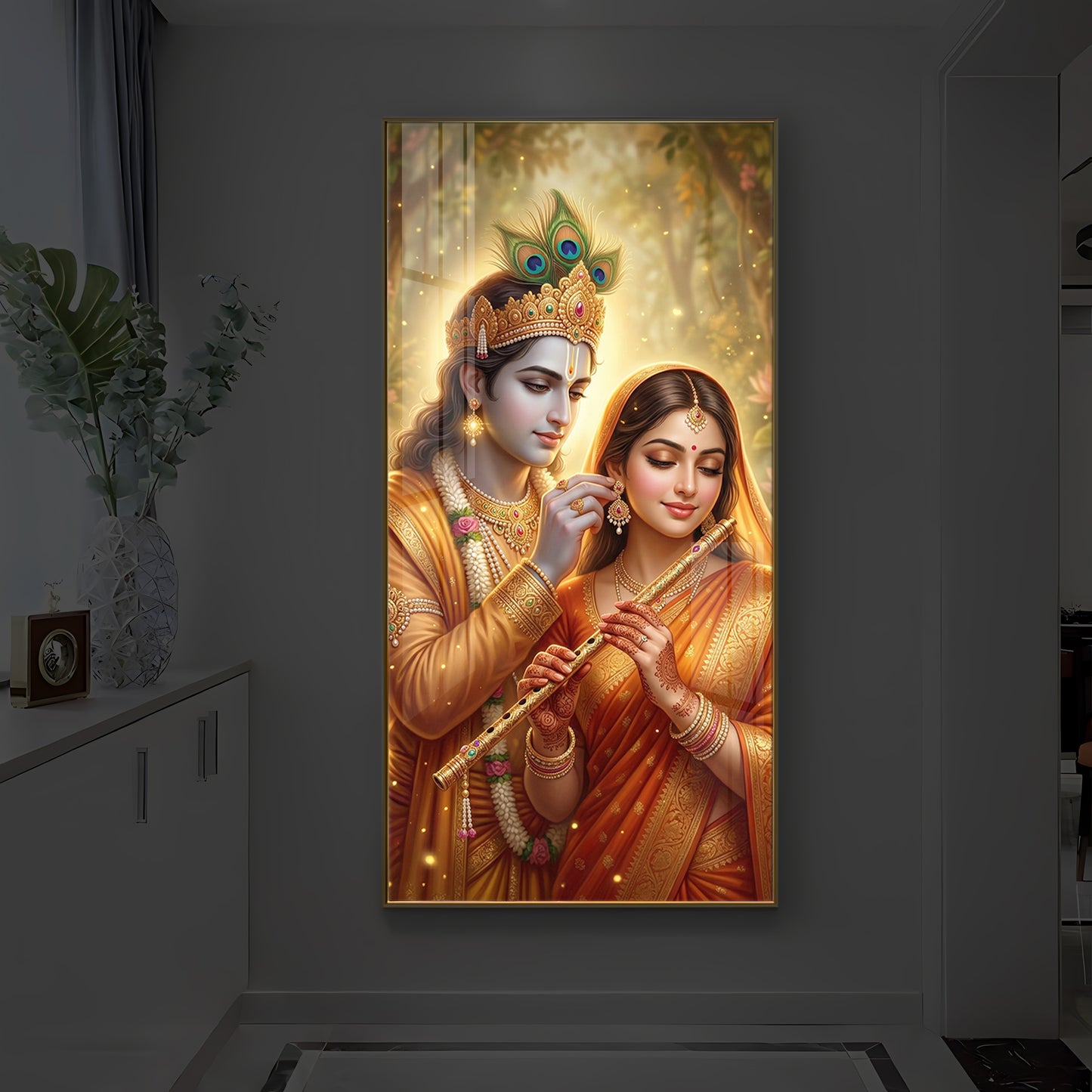 Jai Radha Krishna Modern Luxury Backlight Vertical Wall Art