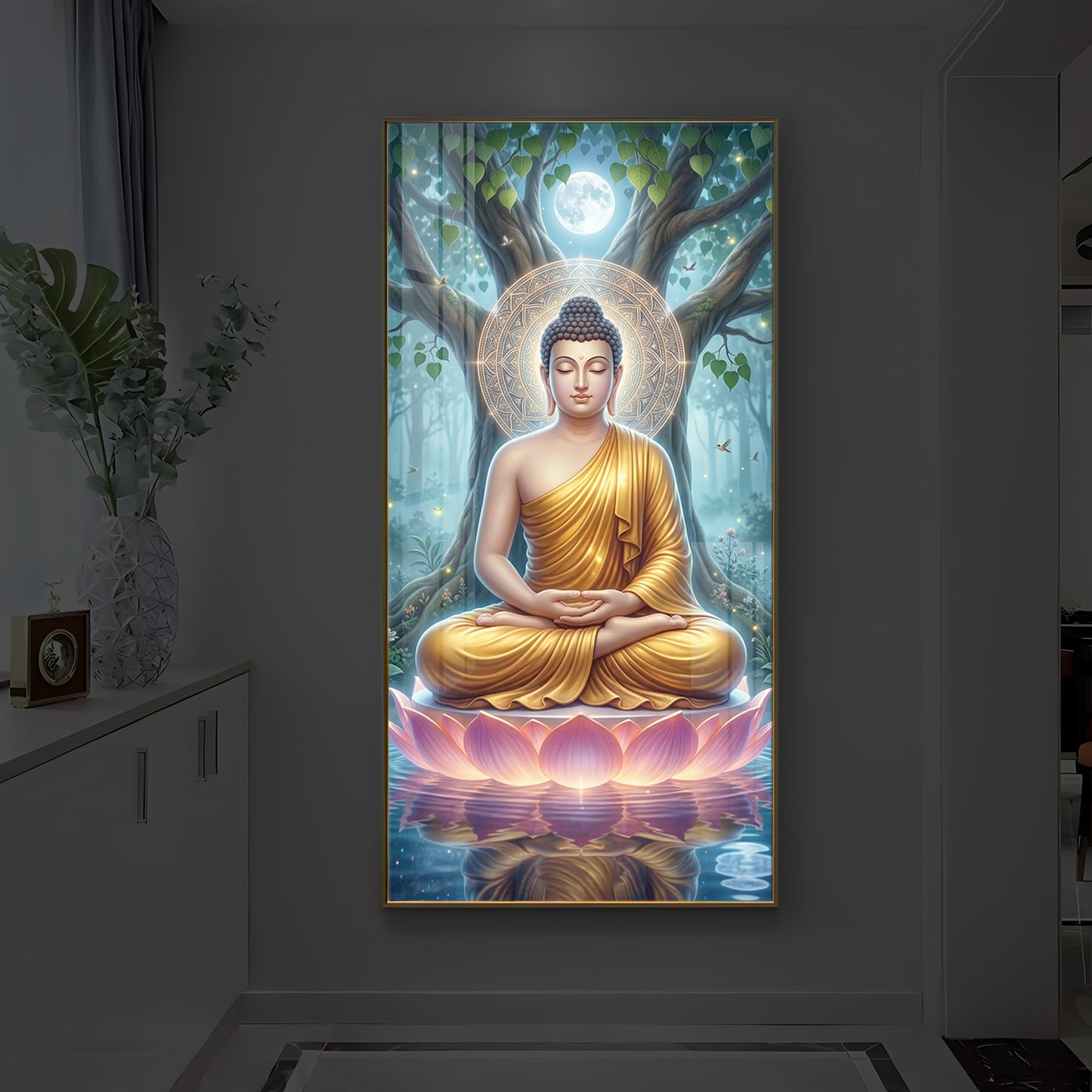 Meditation Buddha Modern Luxury Backlight Vertical Wall Art