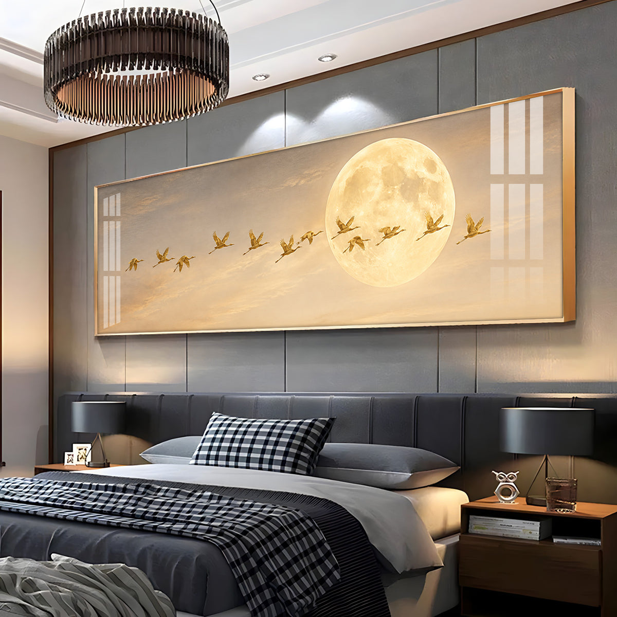Golden Flying Cranes Full Moon Premium Acrylic Horizontal Wall Art