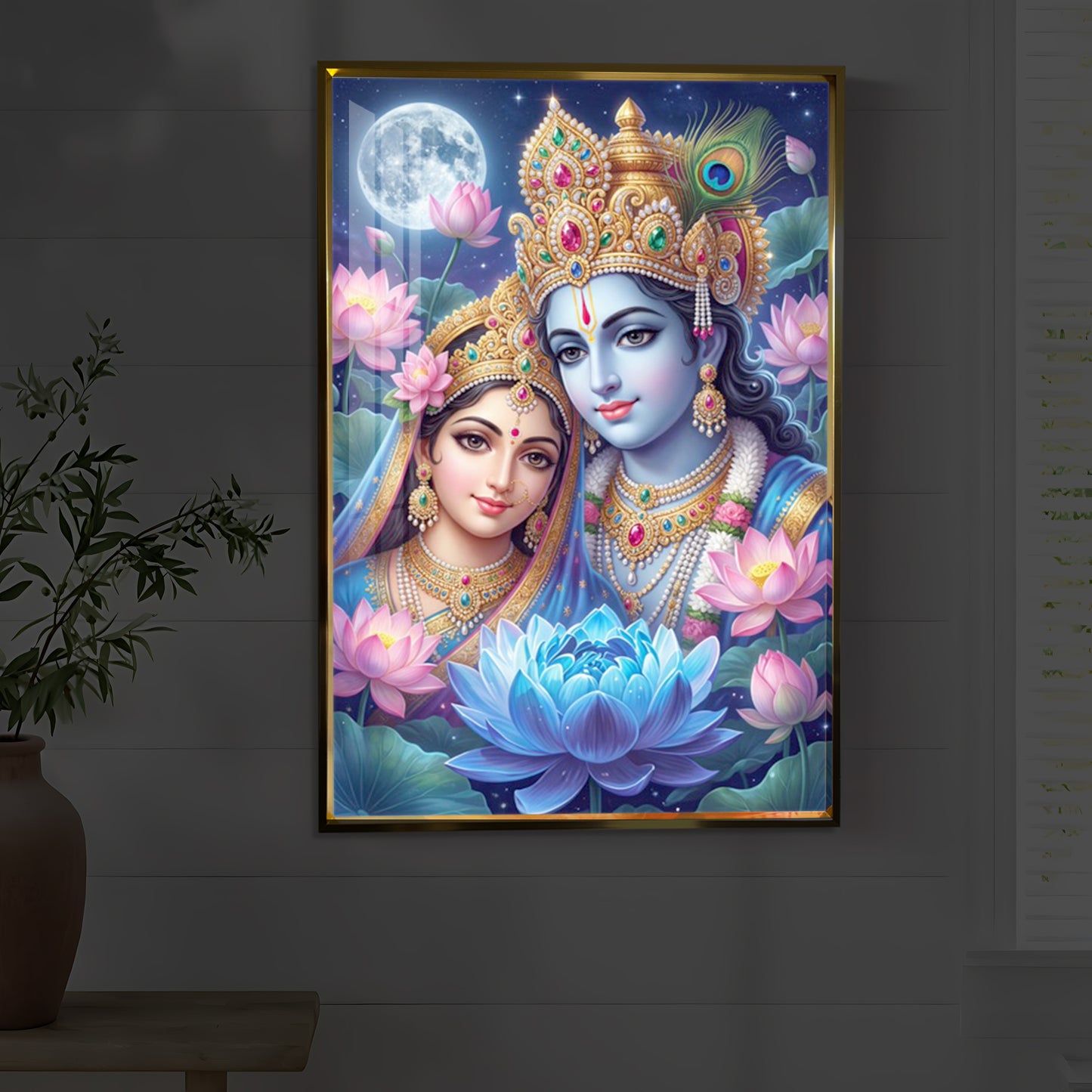 Radha Krishna Divine Togetherness Modern Luxury Backlight Vertical Wall Art