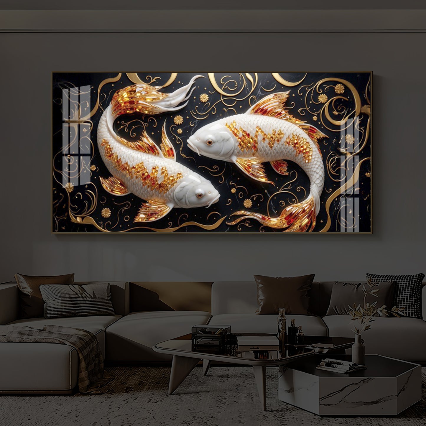 Two Golden Koi Fish Modern Luxury Backlight Horizontal Wall Art