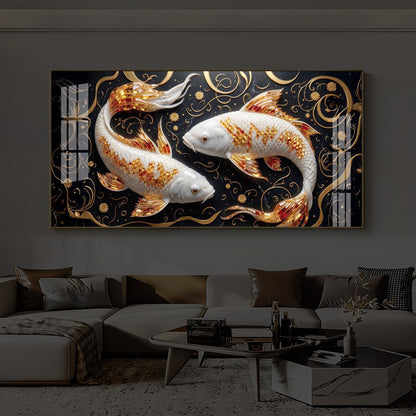 Two Golden Koi Fish Modern Luxury Backlight Horizontal Wall Art