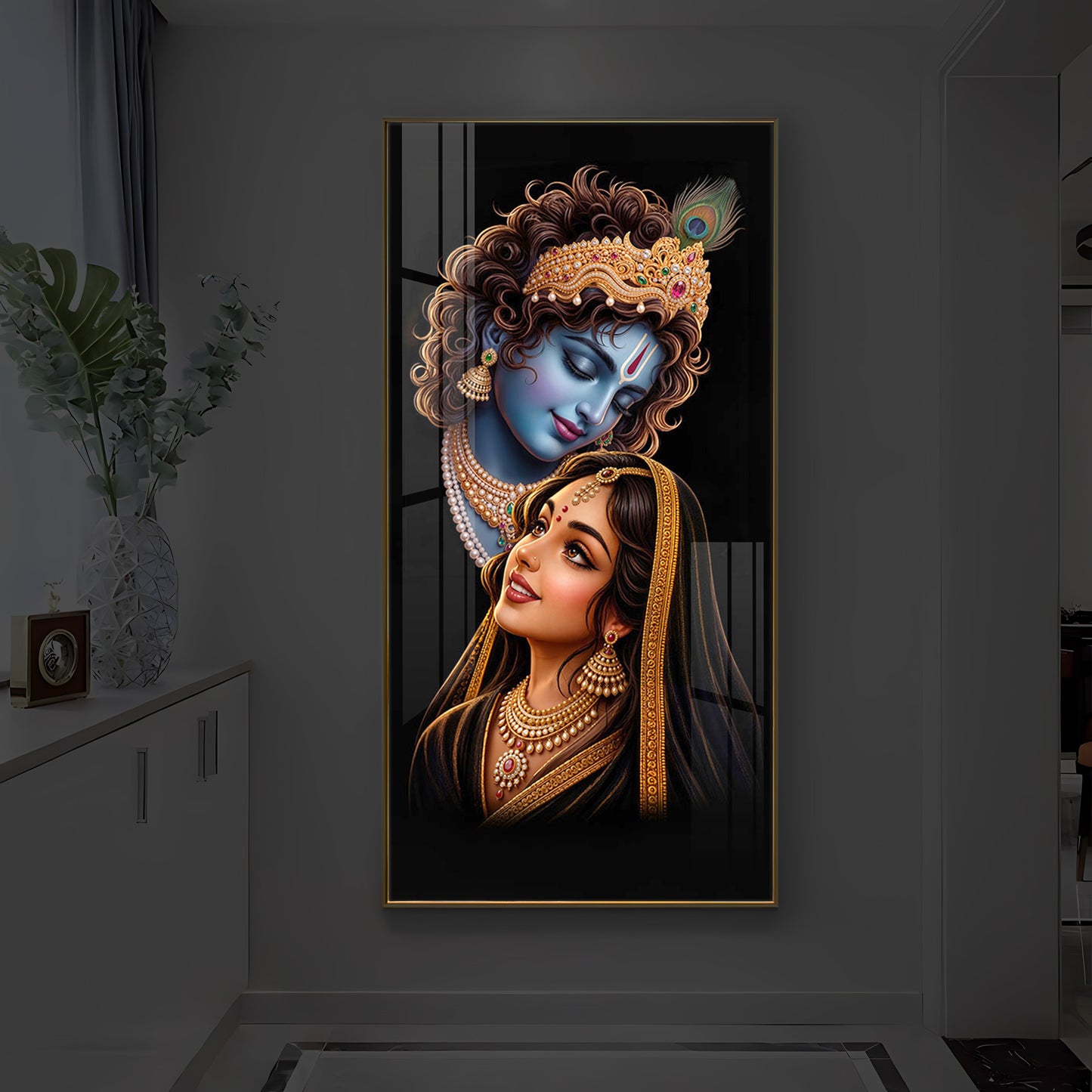 Hindu Deities Shri Radha Krishna Modern Luxury Backlight Vertical Wall Art