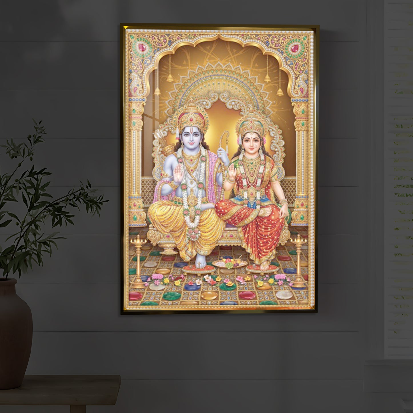 Lord Rama and Goddess Sita Modern Luxury Backlight Vertical Wall Art
