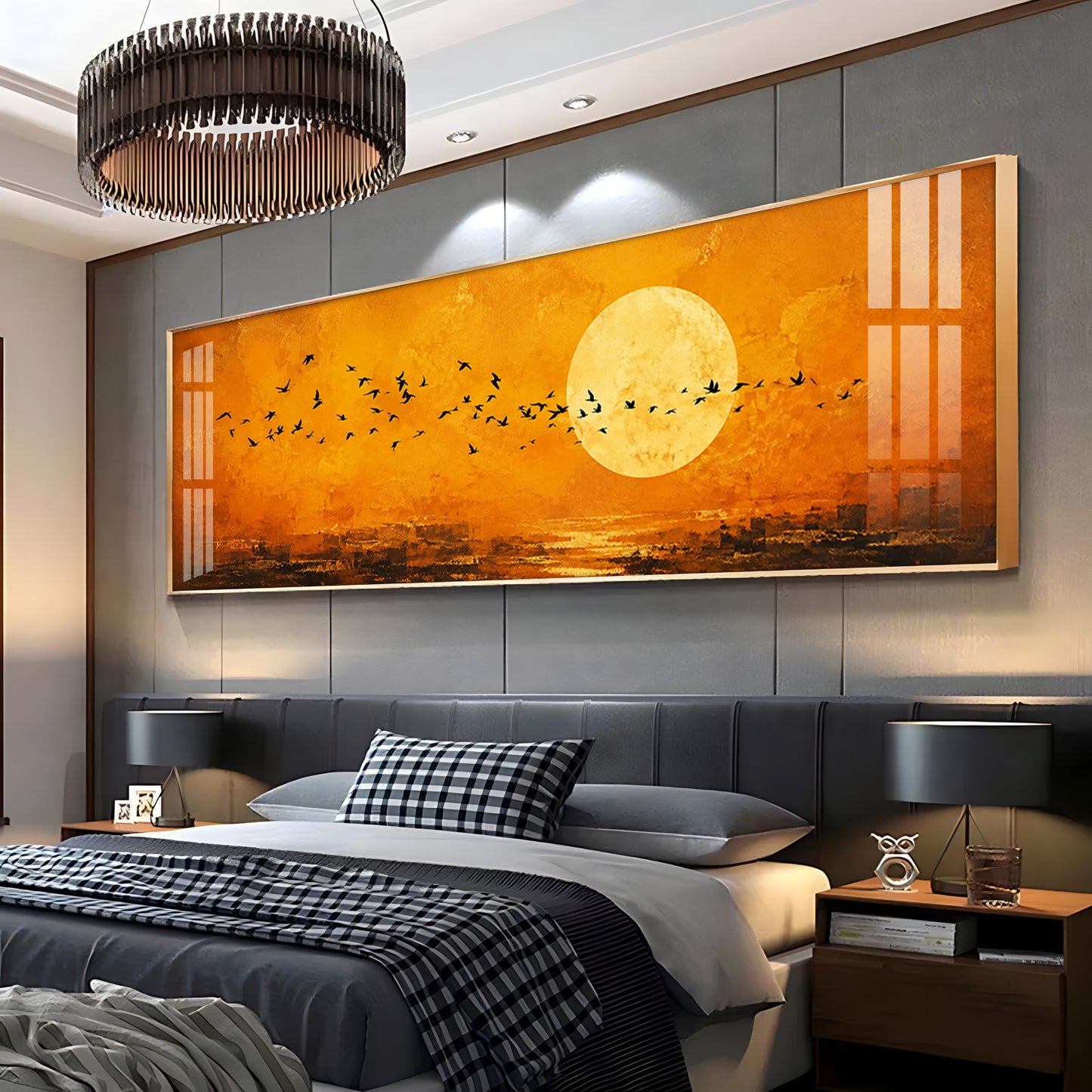 Flocking Birds Golden Sun Premium Acrylic Horizontal Wall Art