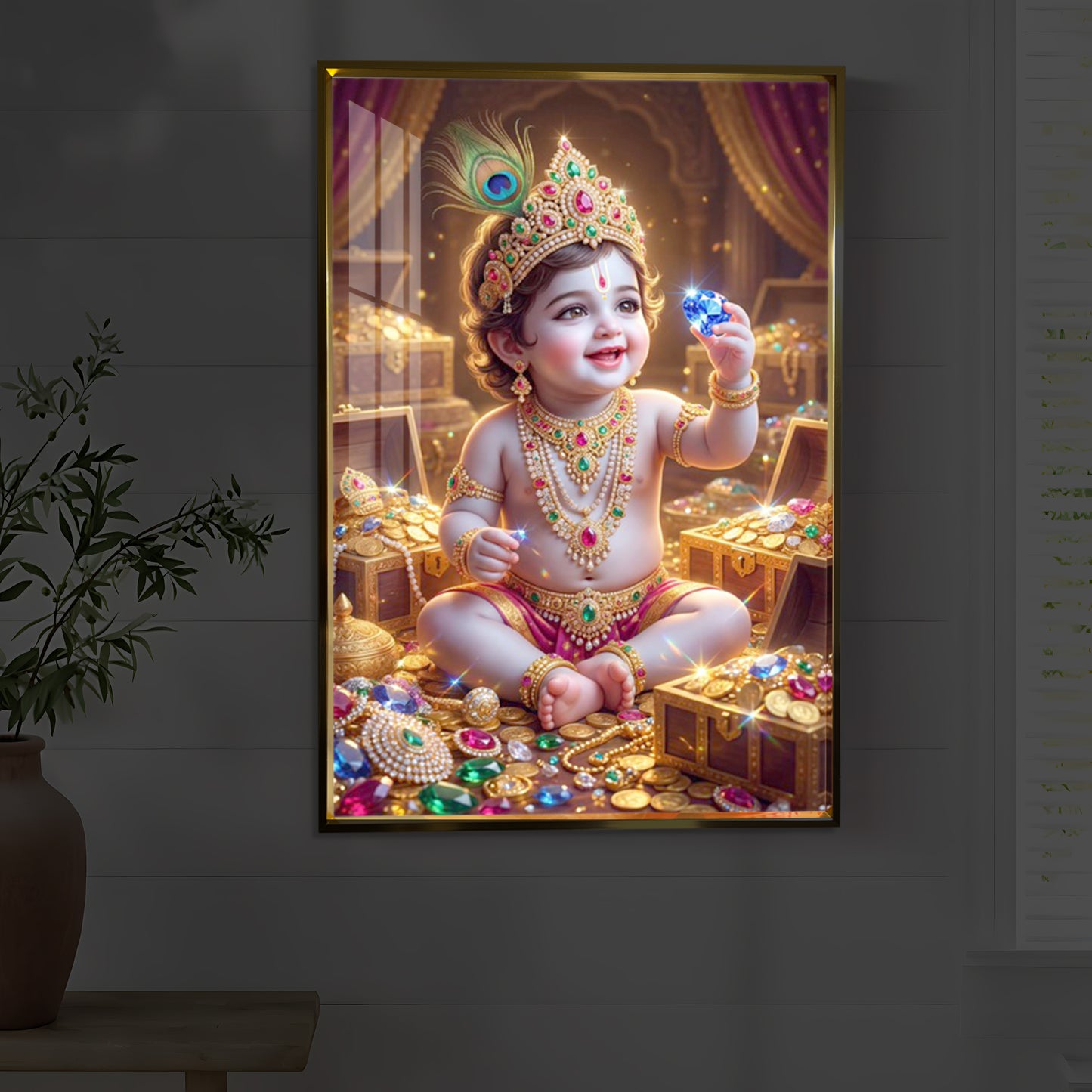Little Lord Krishna Ji Modern Luxury Backlight Vertical Wall Art