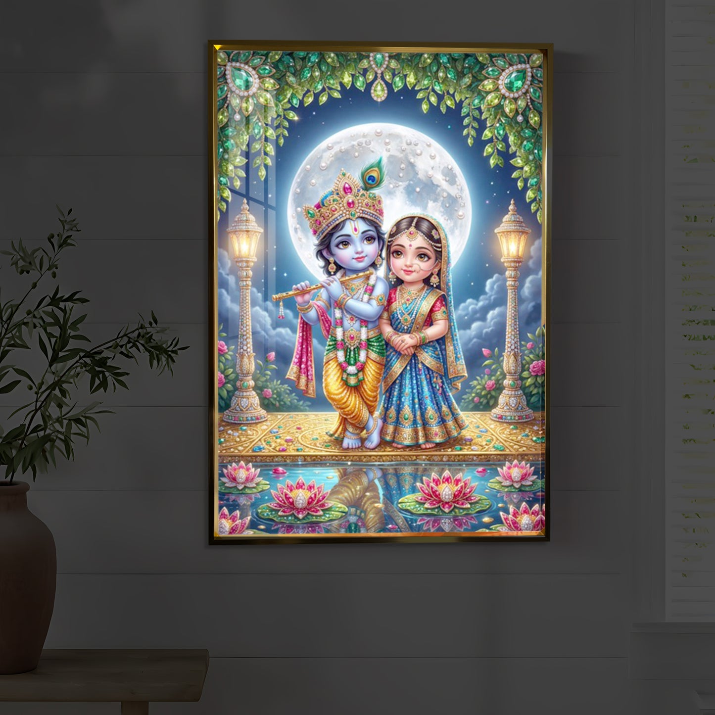 Little Radha Krishna Modern Luxury Backlight Vertical Wall Art
