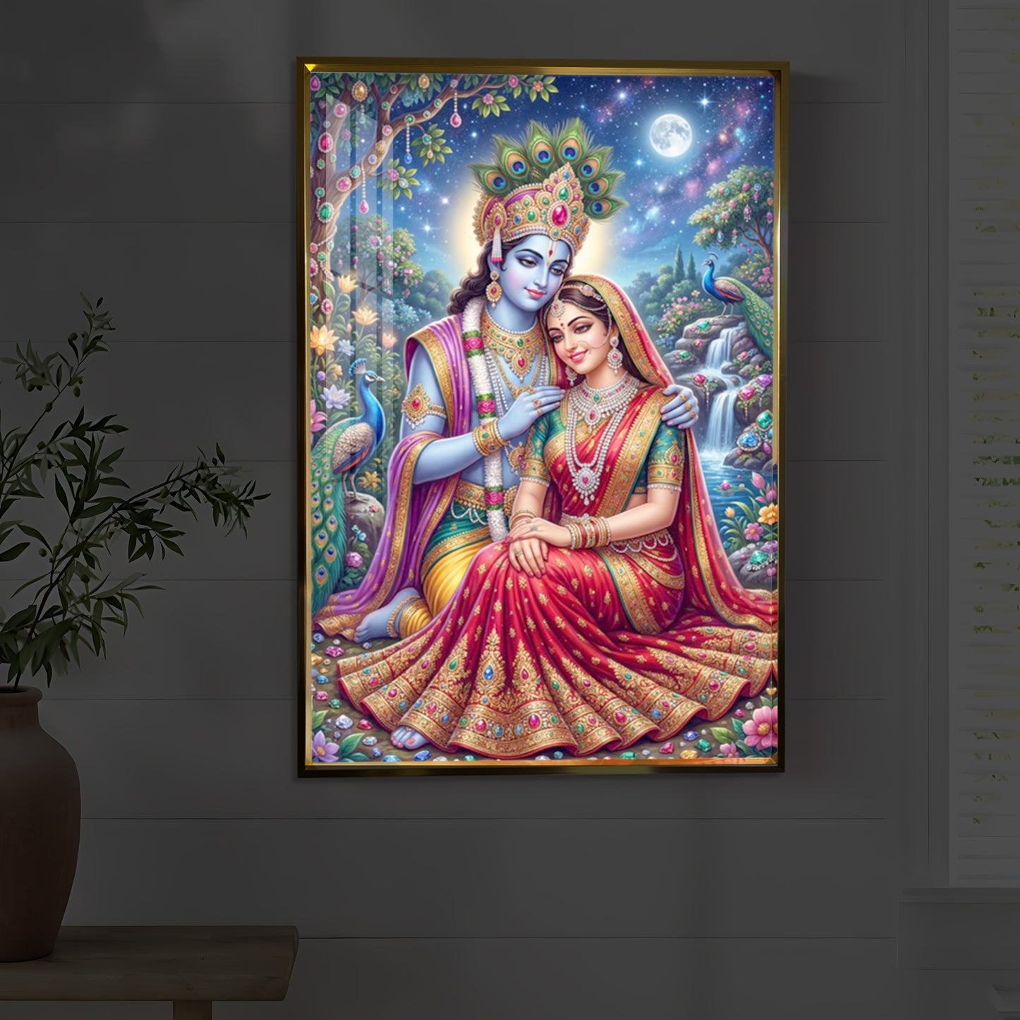Divine Radha Krishna Serenity Modern Luxury Backlight Vertical Wall Art