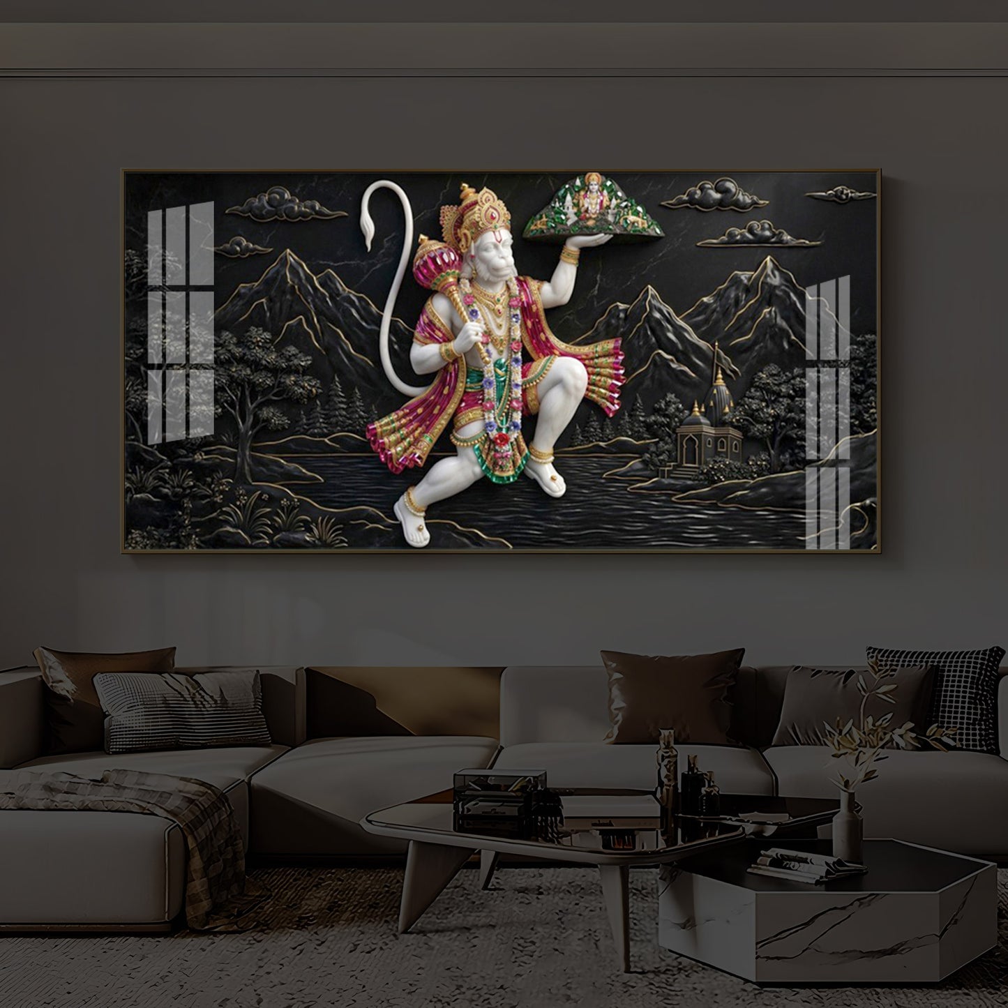 Lord Hanuman Carrying Sanjeevani Mountain Modern Luxury Backlight Horizontal Wall Art