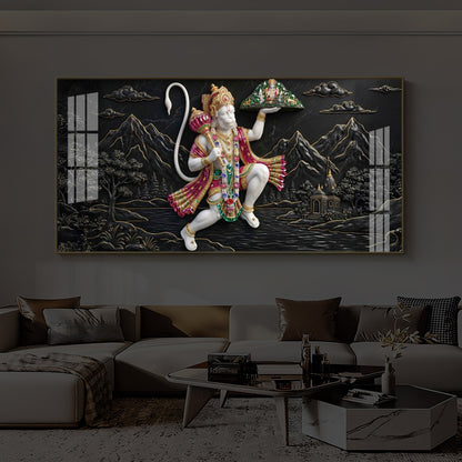 Lord Hanuman Carrying Sanjeevani Mountain Modern Luxury Backlight Horizontal Wall Art
