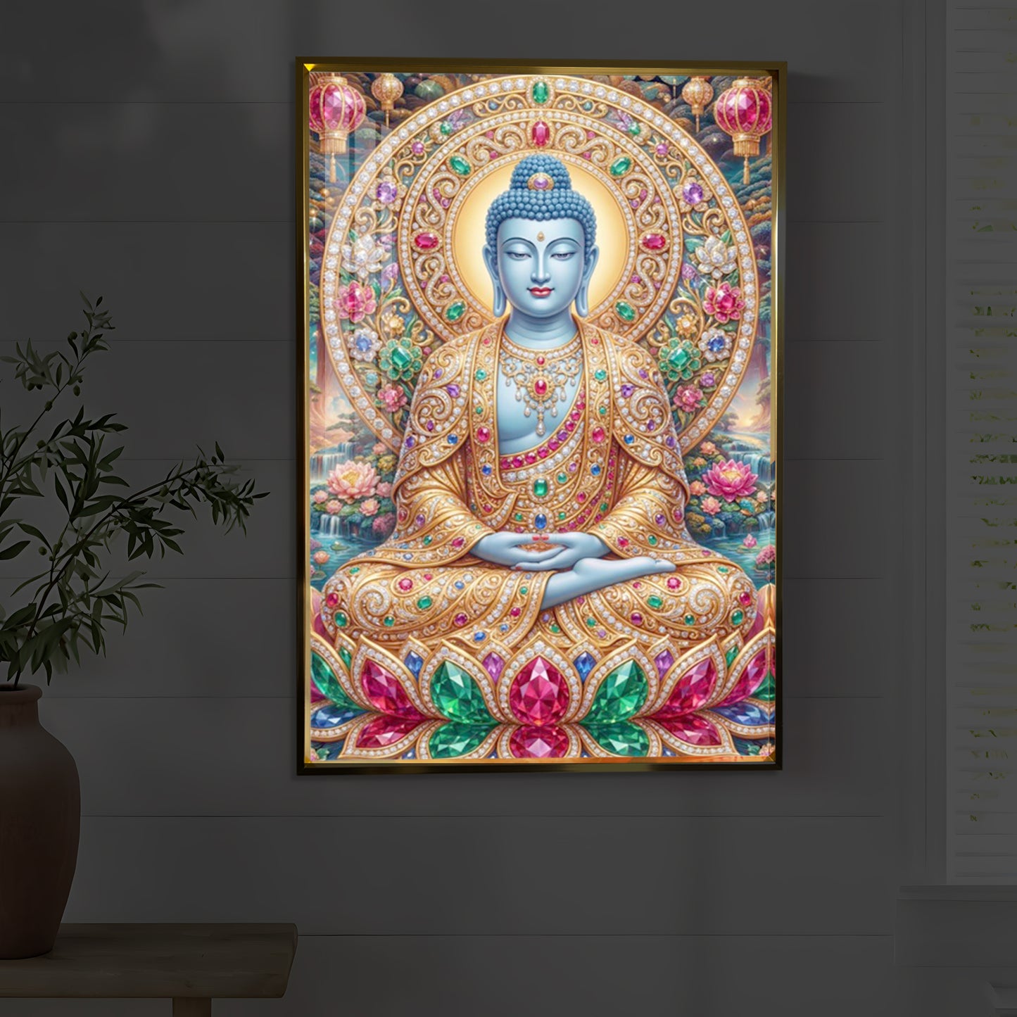 Buddha Blessing Modern Luxury Backlight Vertical Wall Art