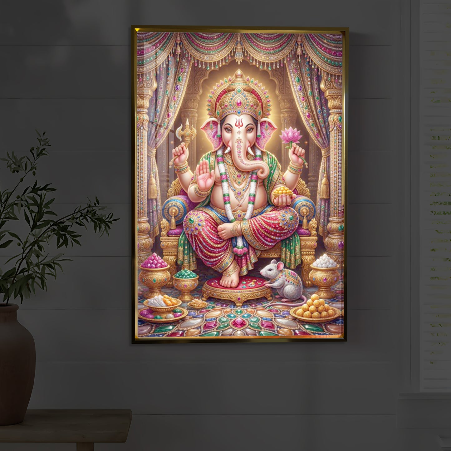 Shree Ganesh Darbar Modern Luxury Backlight Vertical Wall Art