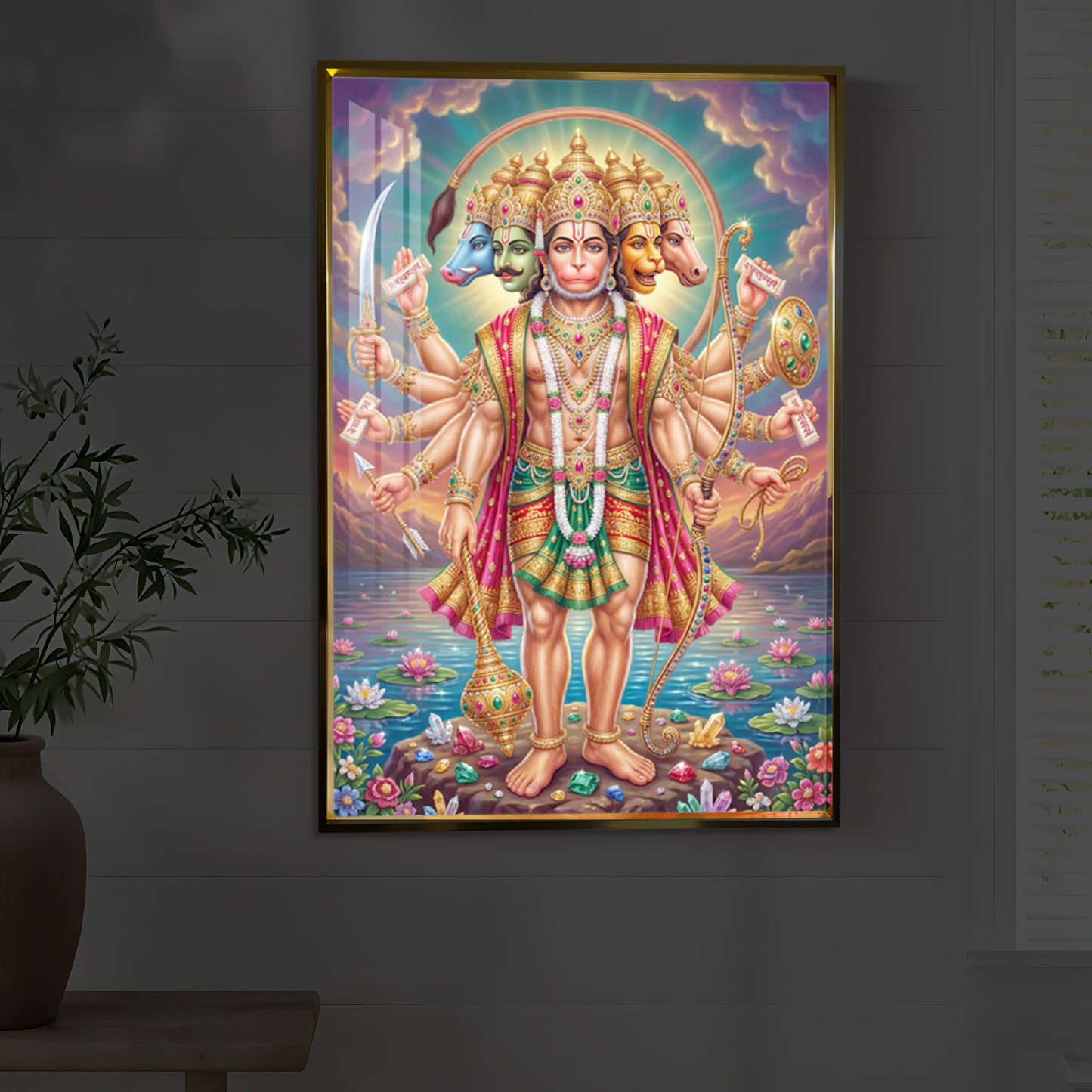 Spiritual Panchamukhi Hanuman Modern Luxury Backlight Vertical Wall Art