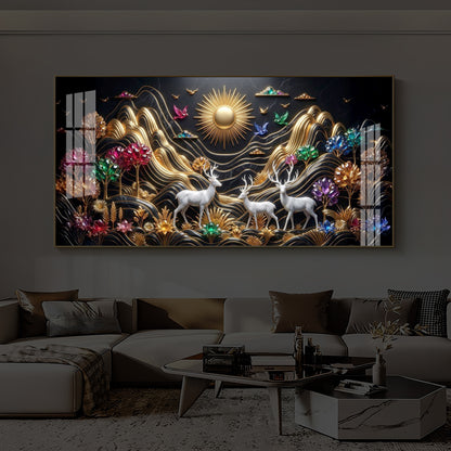 White Deer With Sun Modern Luxury Backlight Horizontal Wall Art