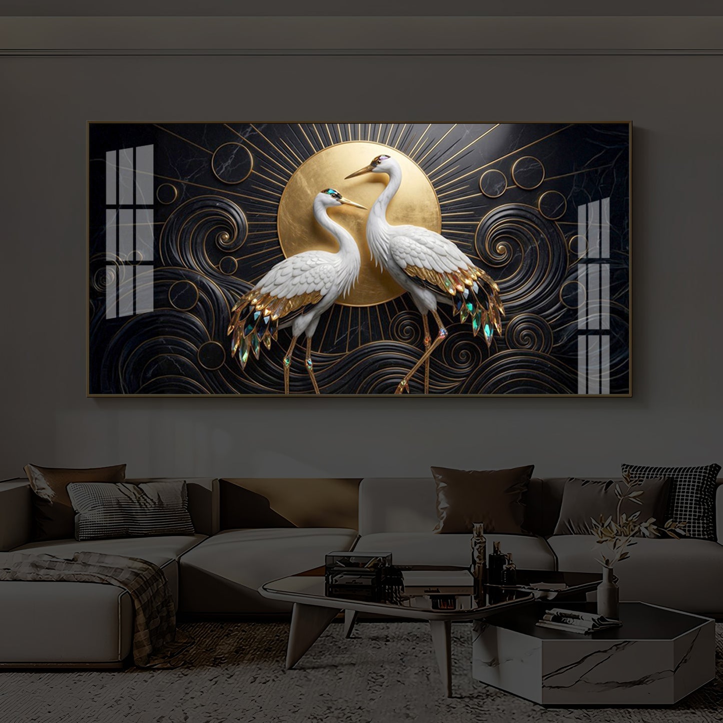 White Crane Modern Luxury Backlight Horizontal Wall Art