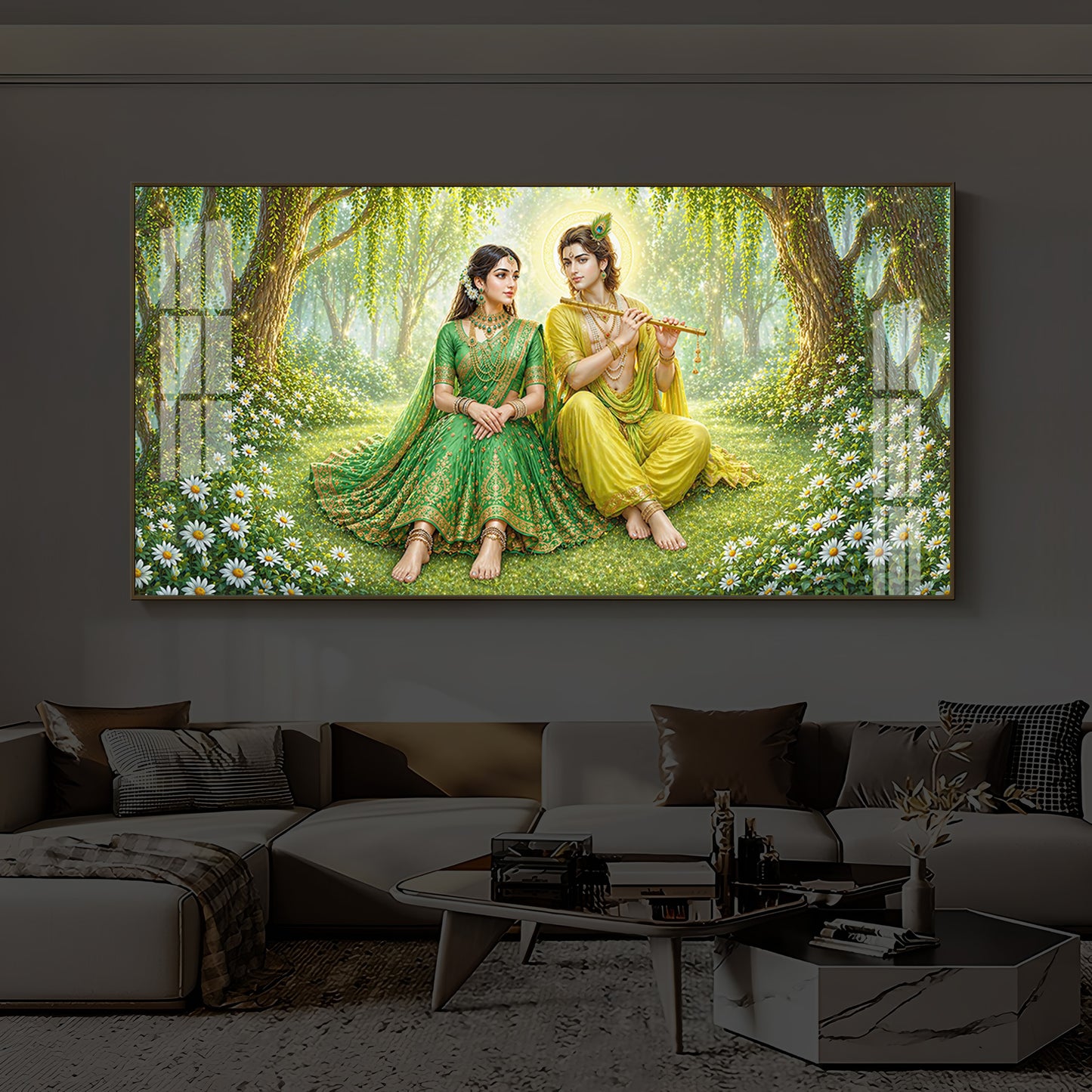 Divine Love Radhe Krishna Modern Luxury Backlight Horizontal Wall Art