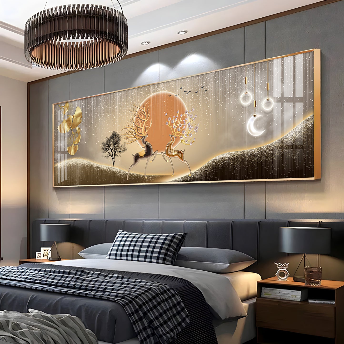 Pair Of Gold & Black Deer Premium Acrylic Horizontal Wall Art