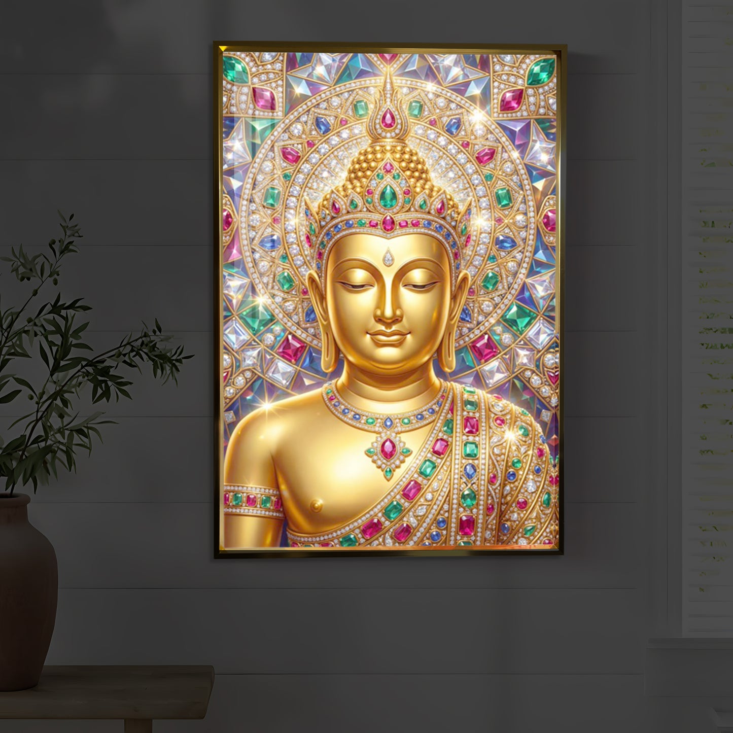 Exquisite Golden Buddha Modern Luxury Backlight Vertical Wall Art
