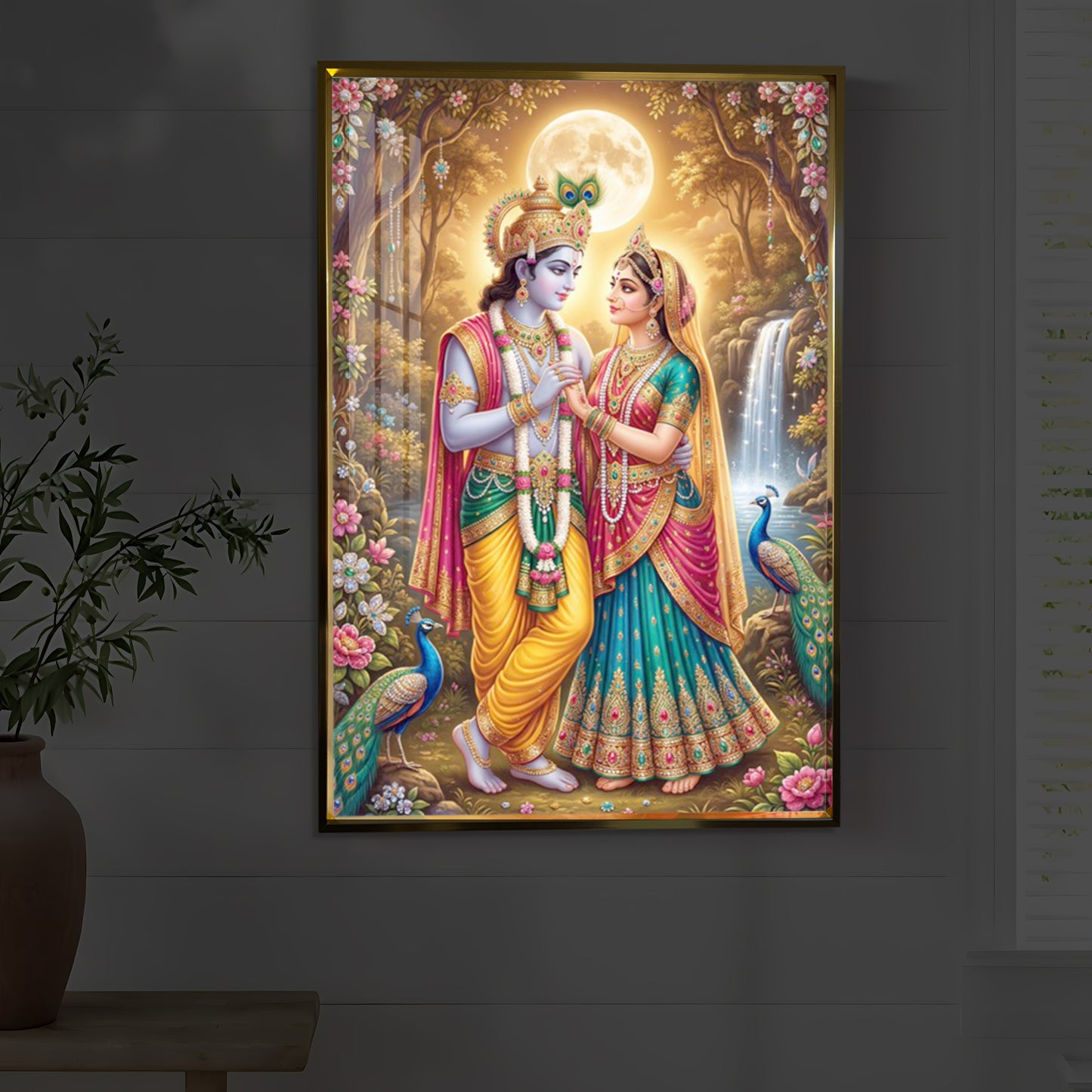 Radha Krishna in Vrindavan Garden Modern Luxury Backlight Vertical Wall Art