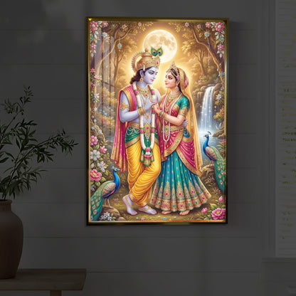 Radha Krishna in Vrindavan Garden Modern Luxury Backlight Vertical Wall Art