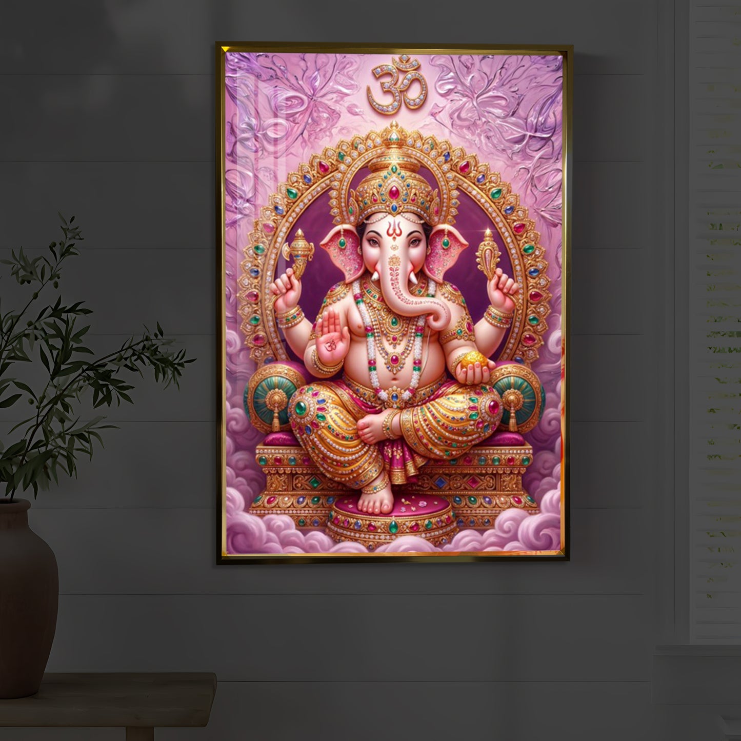 Vakratunda Mahakaya Ganesh Ji Modern Luxury Backlight Vertical Wall Art