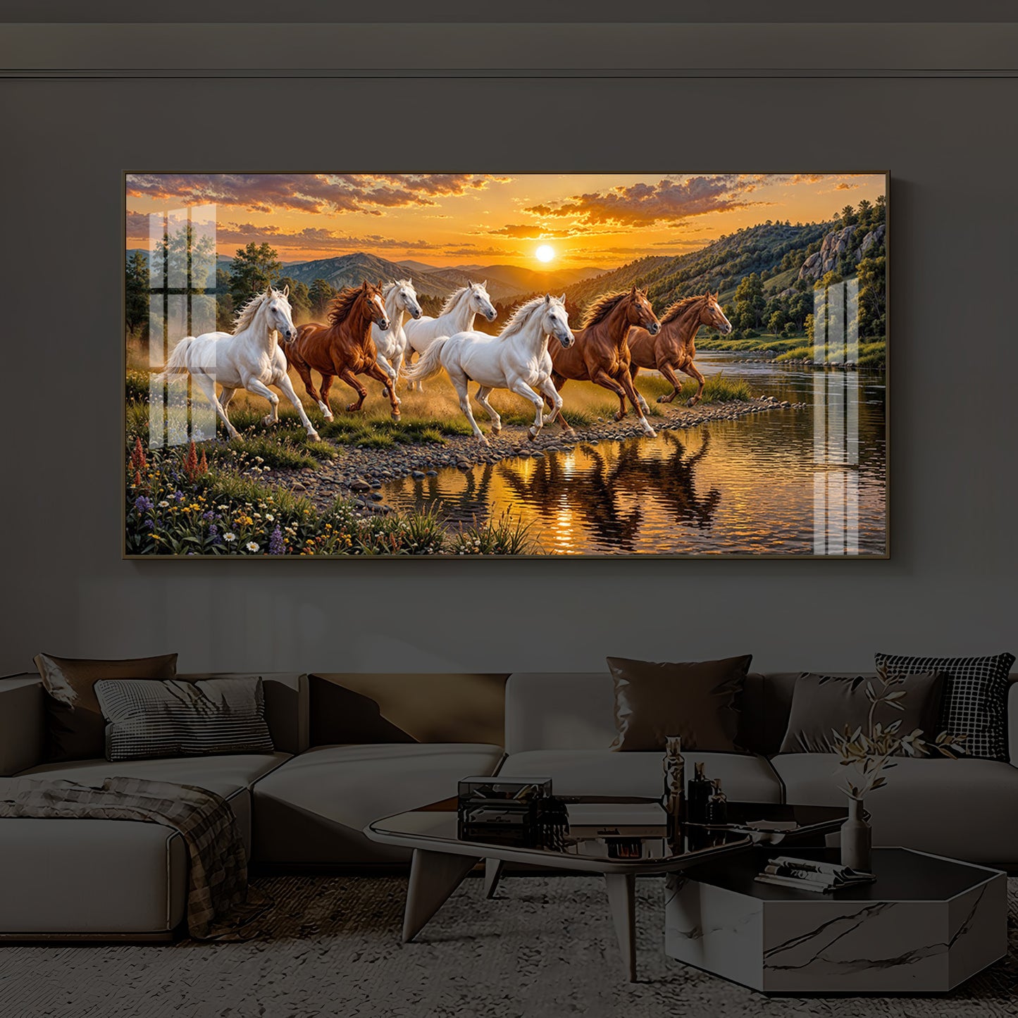 Seven Running Horses With Sunset Splash Modern Luxury Backlight Horizontal Wall Art