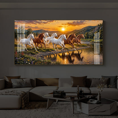 Seven Running Horses With Sunset Splash Modern Luxury Backlight Horizontal Wall Art