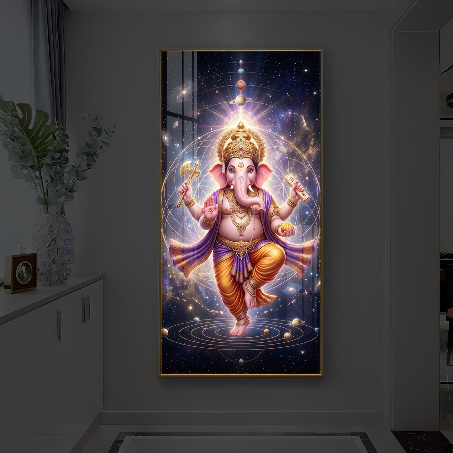 Shree Ganesha's Celestial Embrace Modern Luxury Backlight Vertical Wall Art