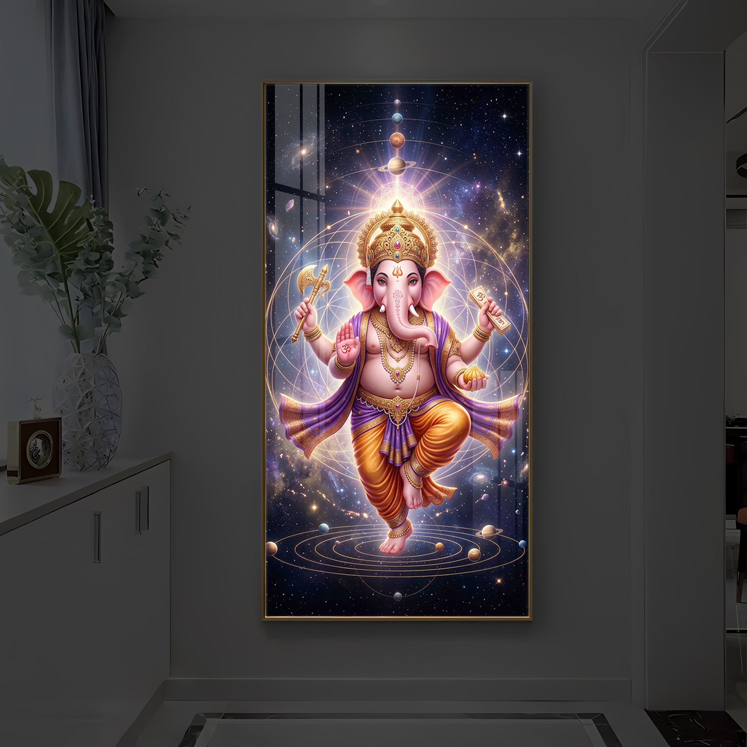 Shree Ganesha's Celestial Embrace Modern Luxury Backlight Vertical Wall Art