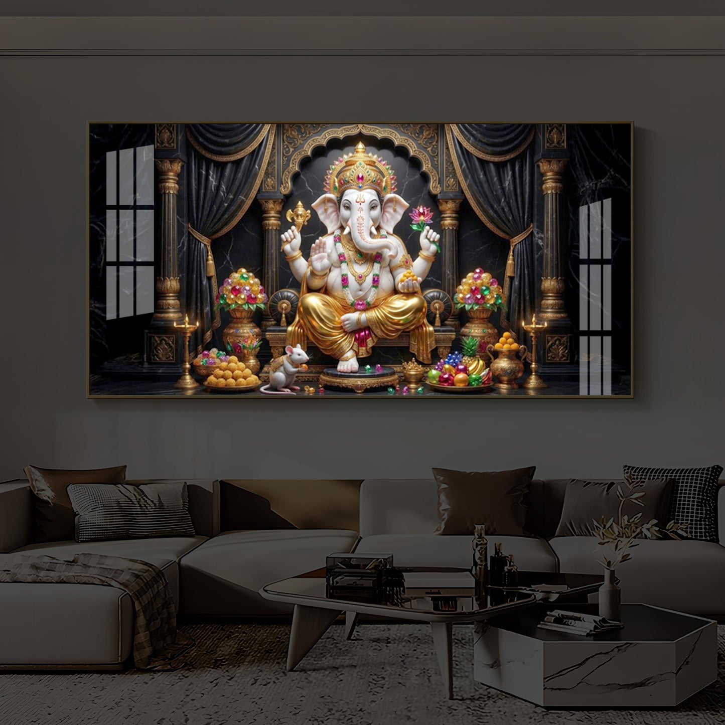 Hindu Deity Lord Ganesha Modern Luxury Backlight Horizontal Wall Art