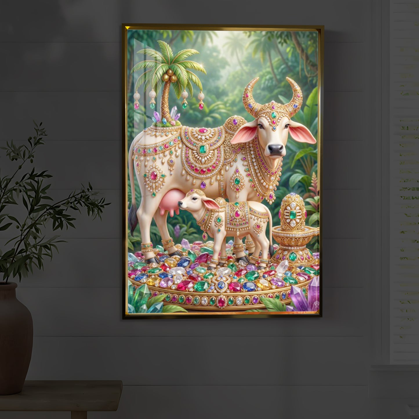 Kamadhenu Cow With Shiv Ji Modern Luxury Backlight Vertical Wall Art